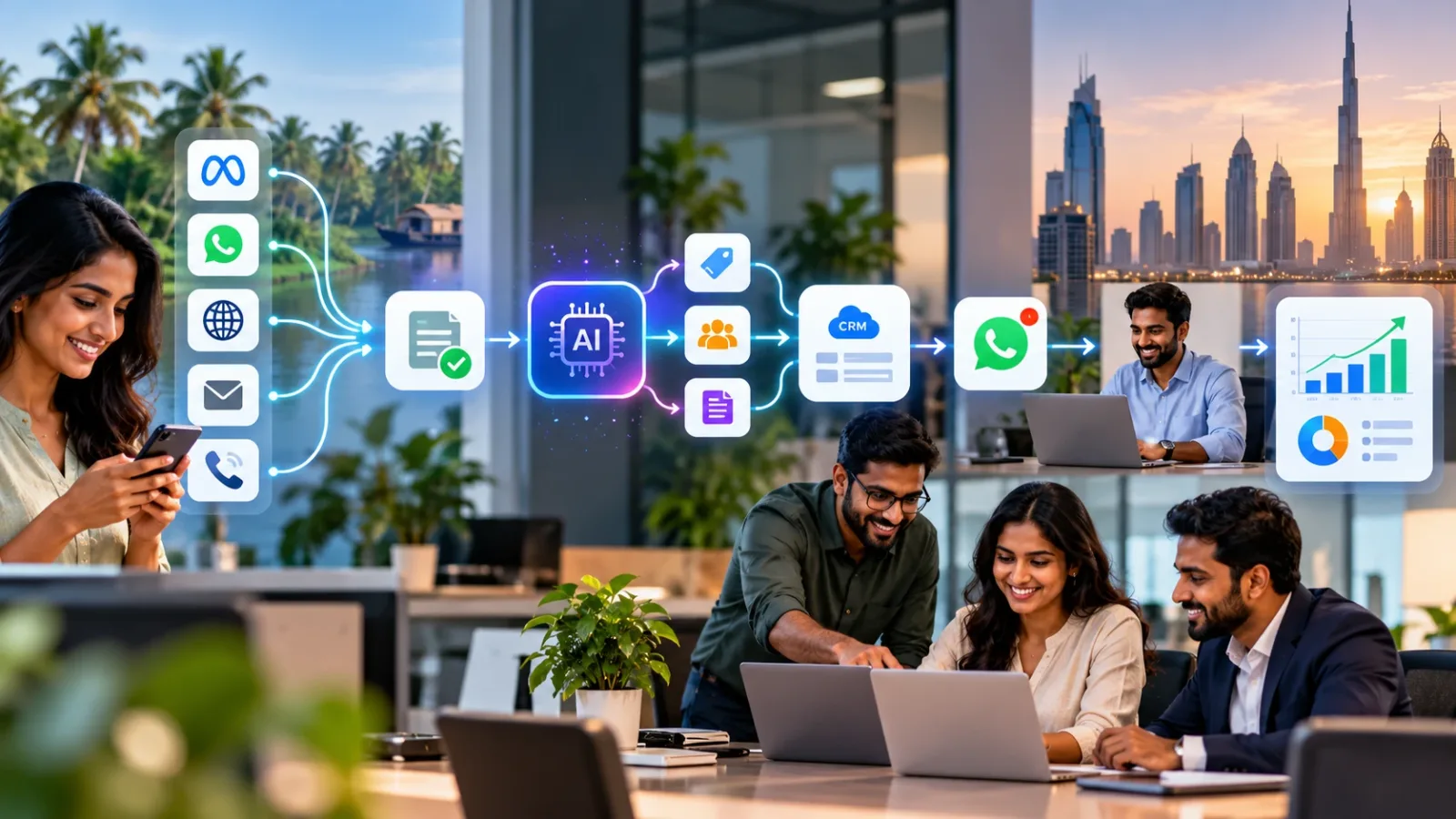 AI automation for Kerala and UAE businesses: leads from Meta ads, WhatsApp, website, email and calls flow through an AI step into a CRM, WhatsApp follow-up and a sales report, with teams in Kochi and Dubai