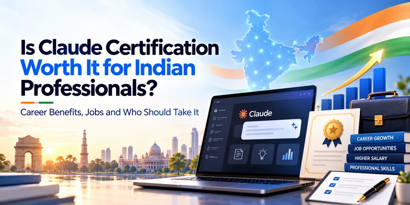 Is Claude certification worth it for Indian professionals: a laptop showing Claude beside a certificate, a briefcase and books labelled career growth, job opportunities, higher salary and professional skills