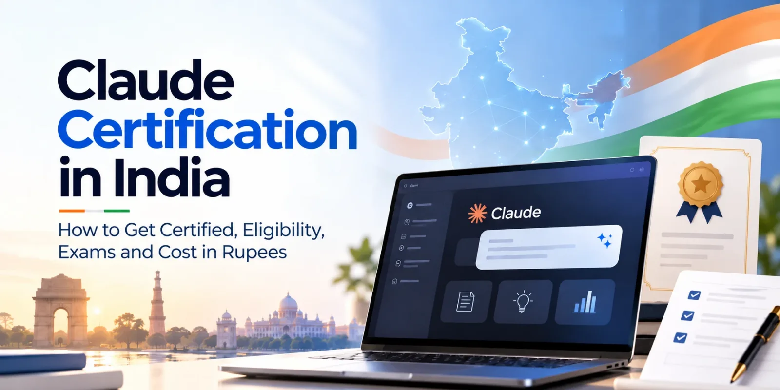 Claude certification in India: a laptop showing Claude beside a certificate and checklist, with a map of India and the Indian flag