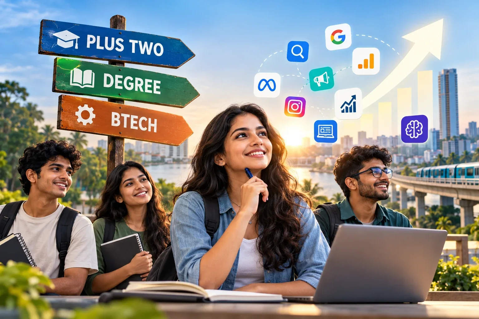 Students in Kochi choosing a digital marketing career path after Plus Two, degree or BTech, with signposts and marketing channel icons