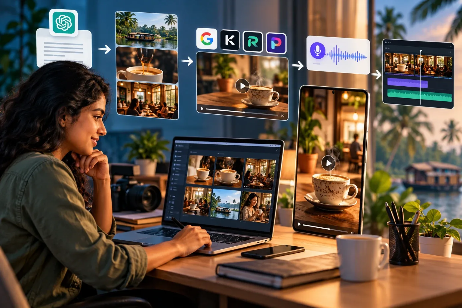 How to create AI videos: a creator turning a script into AI images, AI video clips, a voiceover and an edited timeline for a café Reel
