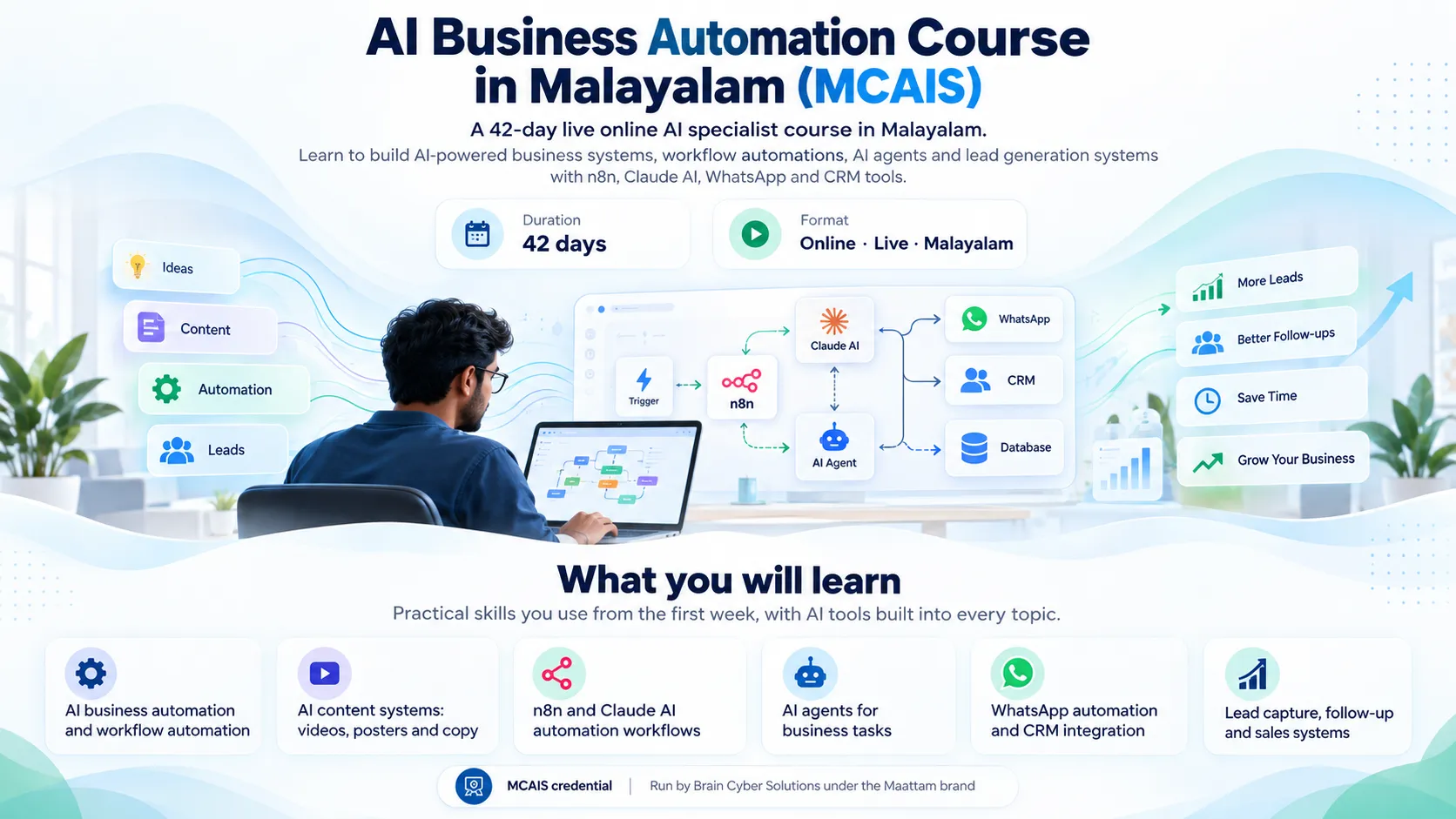 AI Business Automation Course in Malayalam (MCAIS): a 42-day live online course on n8n and Claude AI automation workflows, AI agents, WhatsApp and CRM systems, and AI content creation